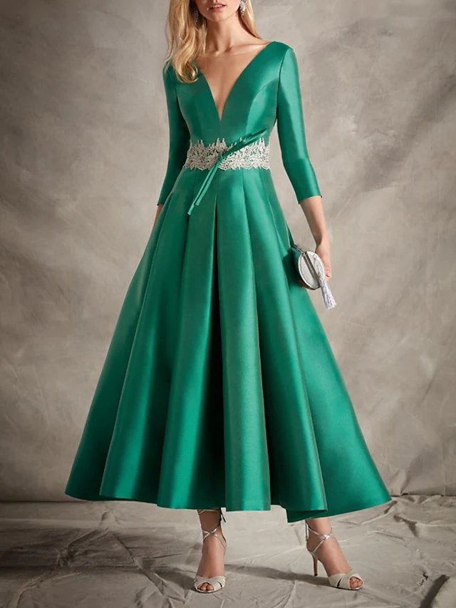 A-Line Mother of the Bride Dress Simple Elegant V Neck Ankle Length Satin 3/4 Length Sleeve with Sash / Ribbon Pleats 2023
