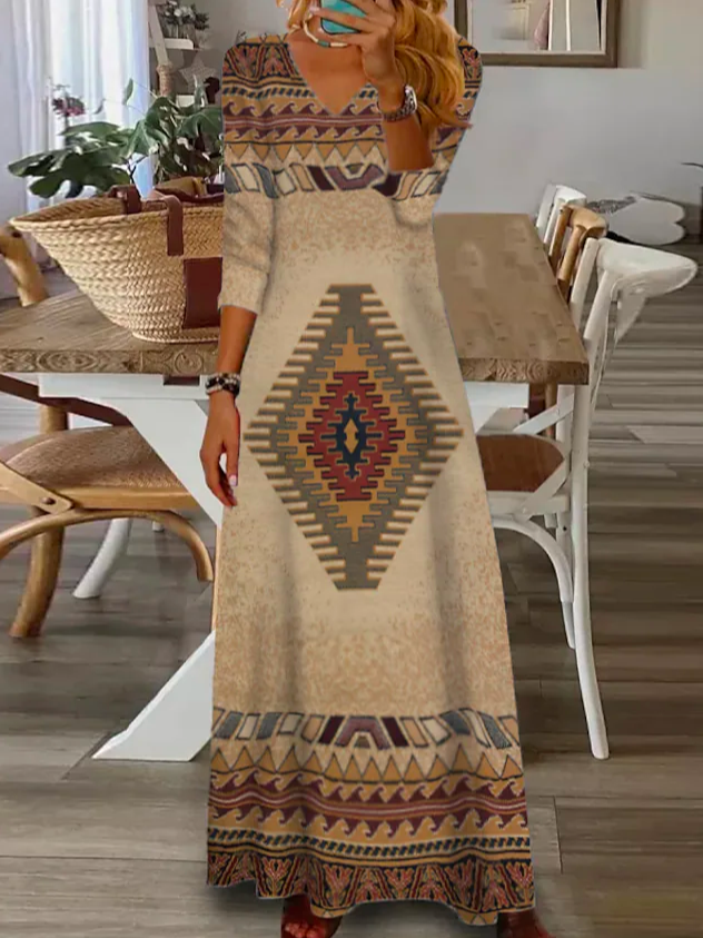 Vacation V Neck Loose Ethnic Dress