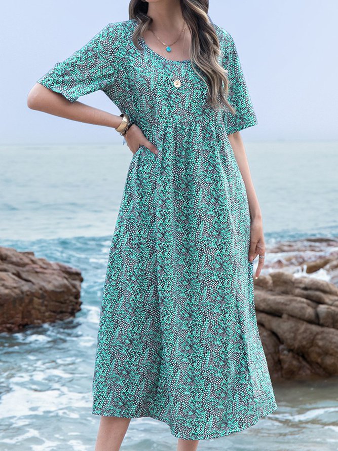 Women Fashion Summer Printed Midi Dress Crew Neck Dresses