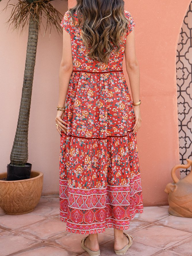 Ditsy Floral V Neck Boho Floral-Print Weaving Dress