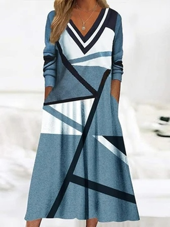 Jersey Geometric V Neck Dress