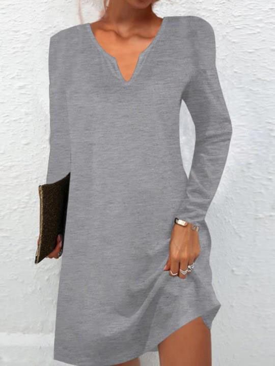 Casual Solid V-Neck Long Sleeve Short Dress