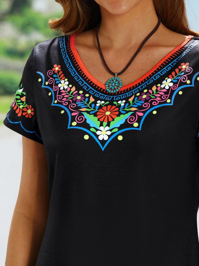 Vacation Regular Fit V Neck Floral Short Sleeve Knit Dress