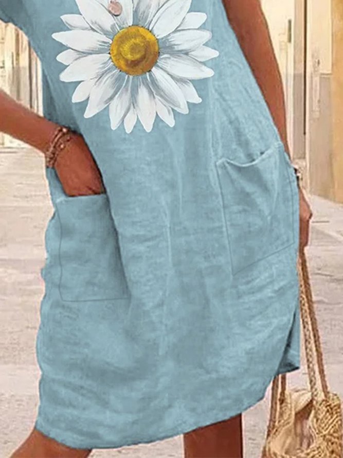 Crew Neck Linen Floral Casual Sunflower Pockets Short Sleeve Dress