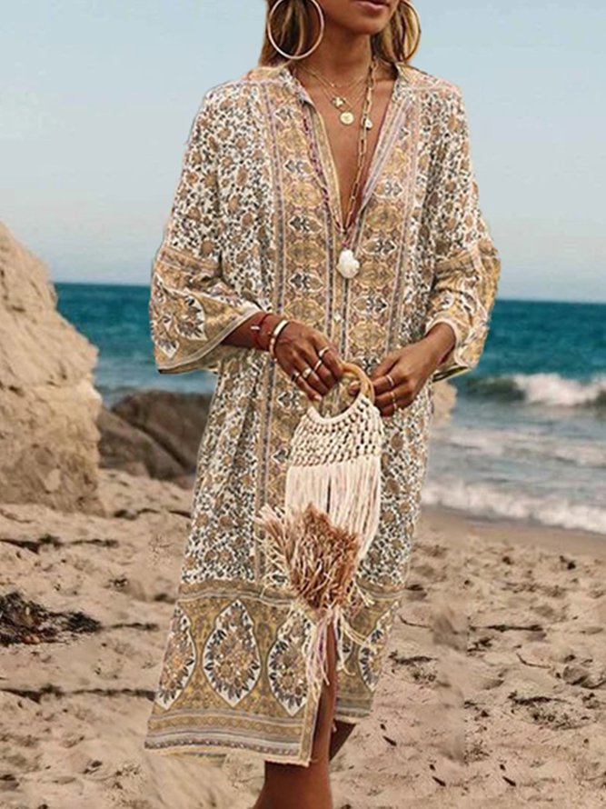 V Neck Women Summer Weaving Dress Shift Floral-Print Floral Weaving Dress