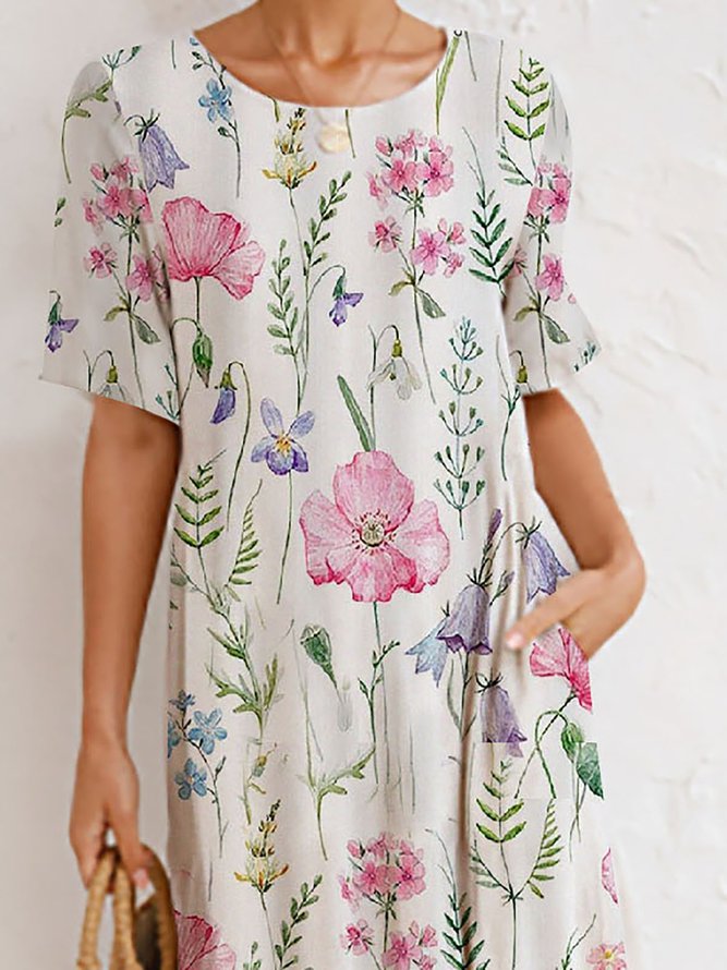 Round Neck Floral Elegant Casual Midi Dress
