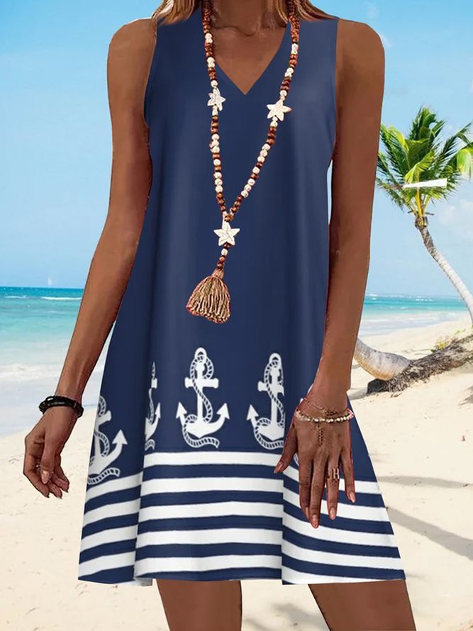 V Neck Stripe Geometric Beach Vacation Anchor Casual Mini Dress