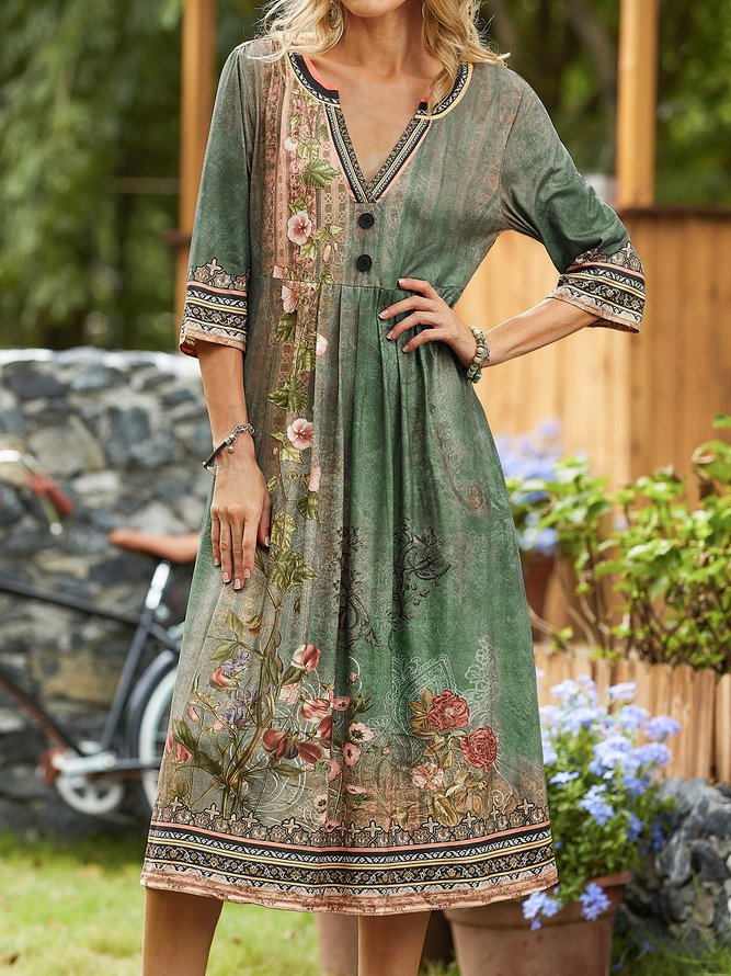 Floral V Neck Casual Jersey Dress