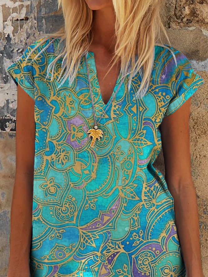 Summer Leisure Holiday Style Printing Paisley V Neck Short Sleeve Casual Weaving Dress