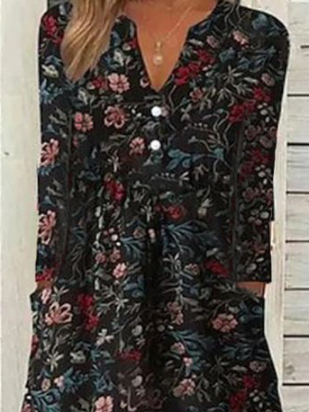 Floral Casual V Neck Loose Dress
