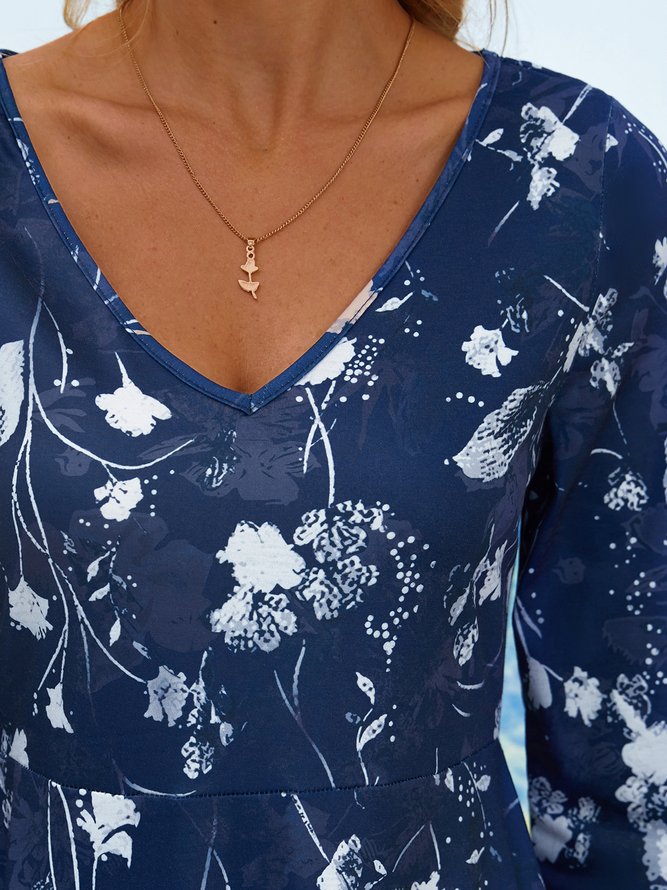 Elegant V Neck Floral Swing Dress