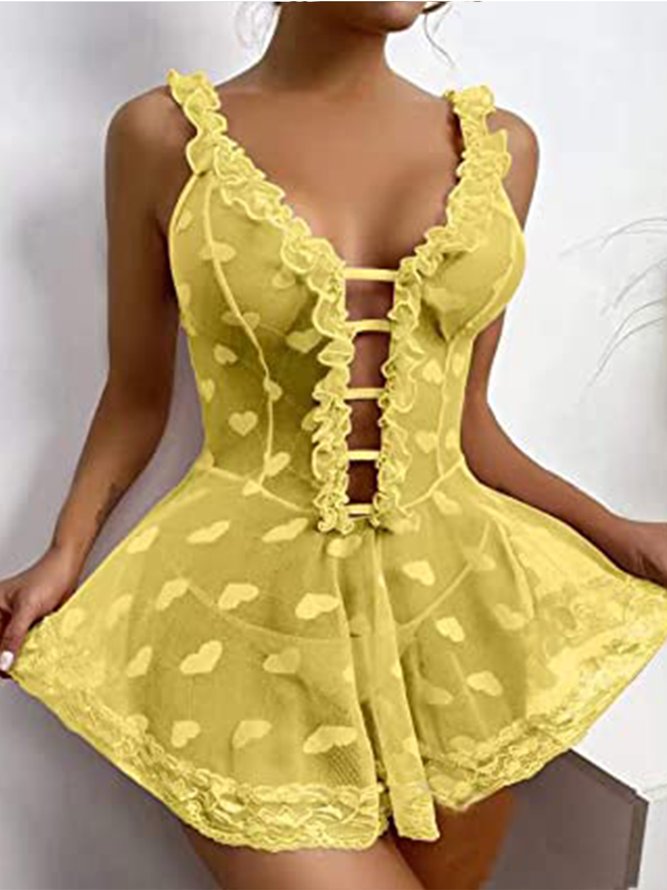 Heart Shape/Heart Shape Lace V Neck Sexy Lingerie Nightdress Babydoll