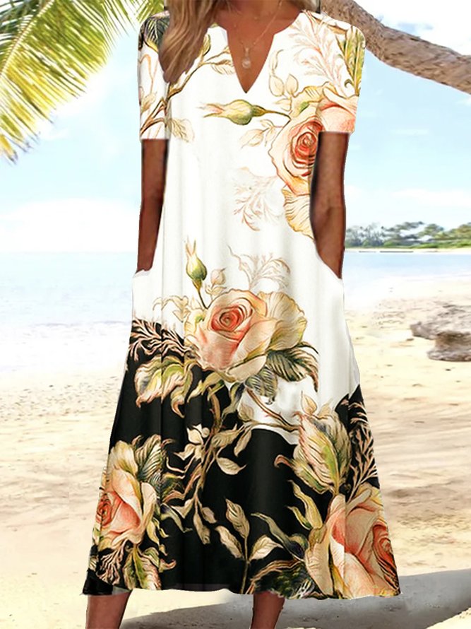 Women's Rose Print Elegant Floral Loose Maxi Summer Dress