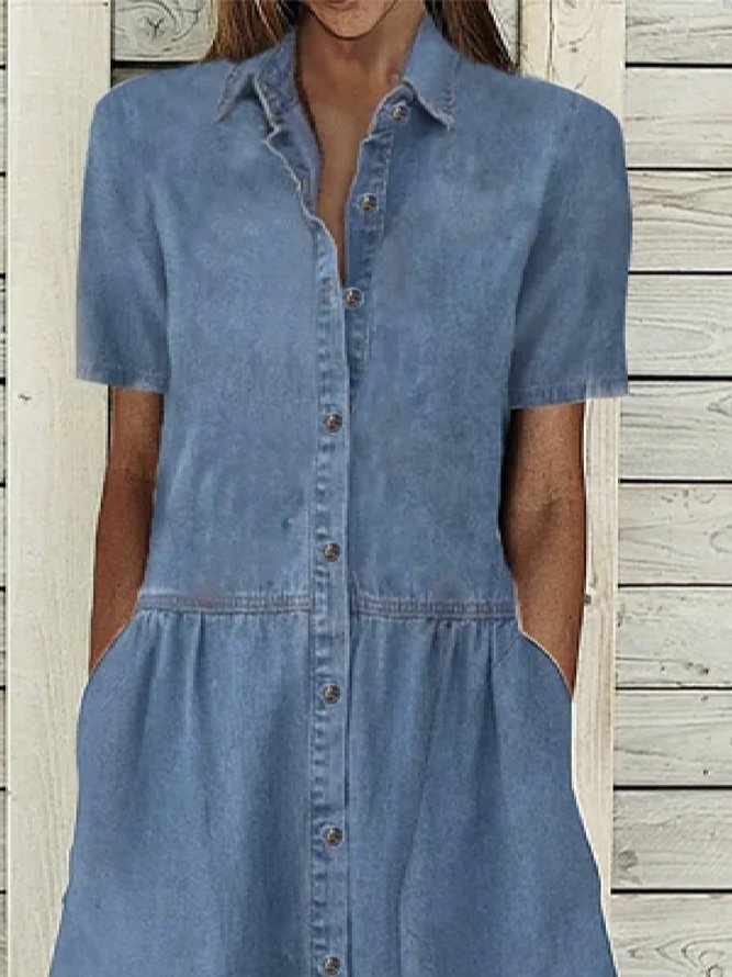 Solid Casual Denim Lapel Short Sleeve Woven Dress