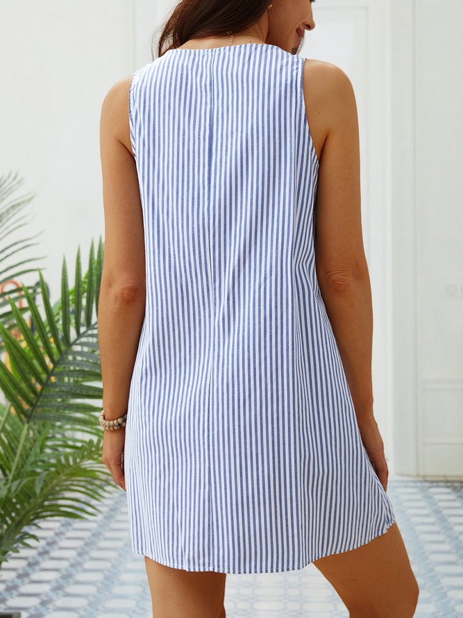 Crew Neck Women Weaving Dress Shift Daily Boho Pockets Striped Weaving Dress