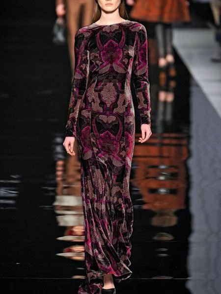 Velvet Printed Color-block Long Sleeve Knitting Dress