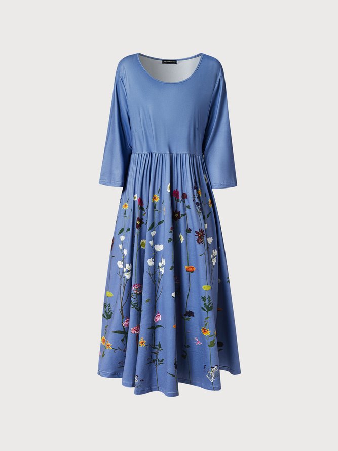 Round Neck Floral Casual Midi Dresses