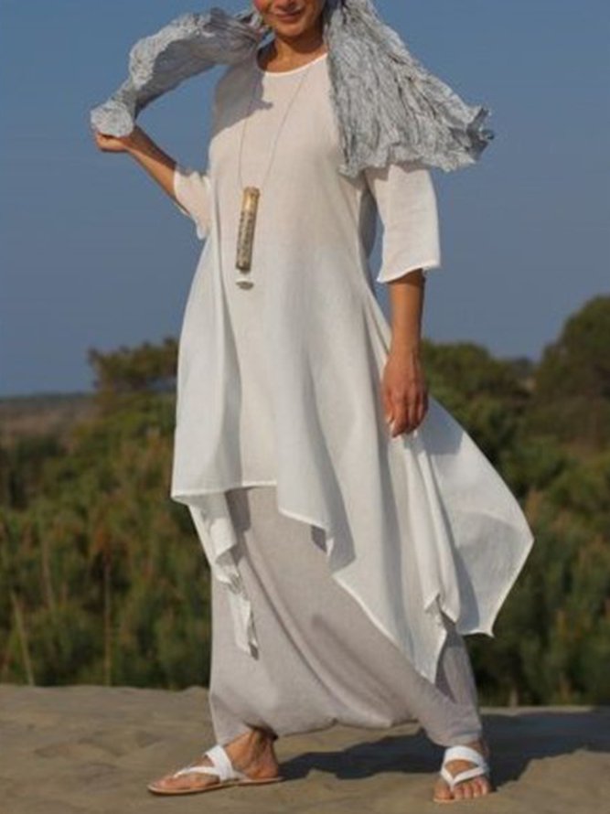 Women Summer Linen 3/4 Sleeve Daytime Crew Neck Asymmetric Dress