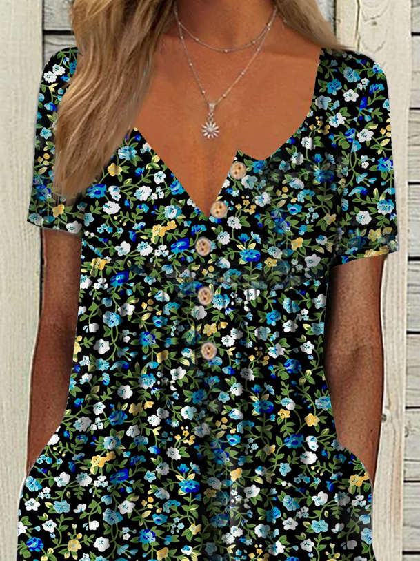 Ditsy Floral Half Open Collar Loose Casual Dress