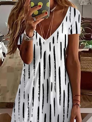 V Neck Striped Casual Midi Dress