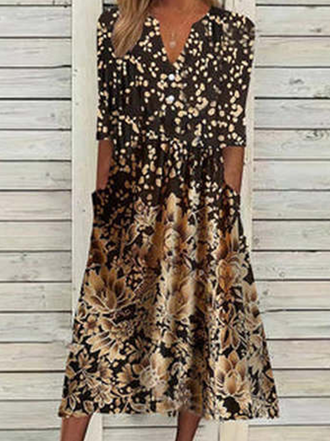 Knitted Notched Floral Casual Dress