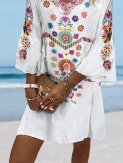 V Neck Tribal Beach Vacation Casual Mini Dress