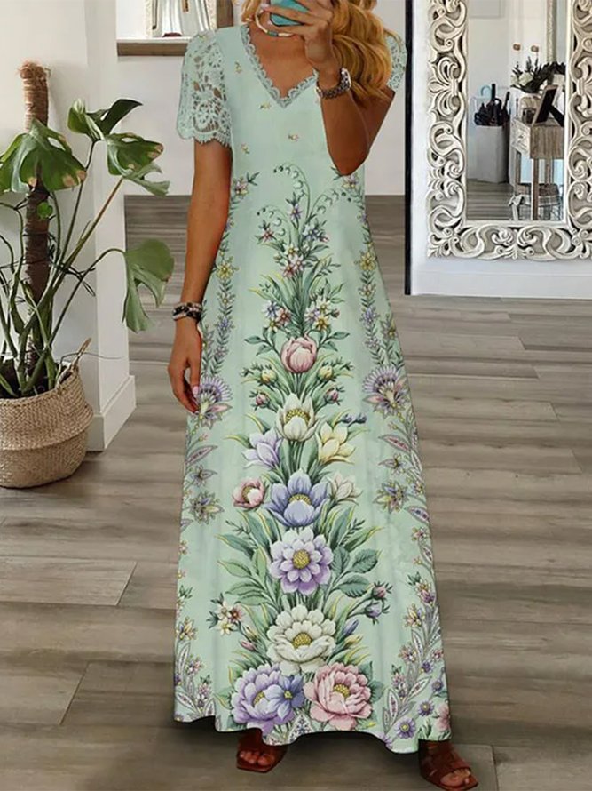 Regular Fit Floral Vacation V Neck Dress