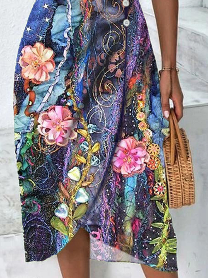 Regular Fit Cross Floral Flounce Sleeve Wrap Hem Dress