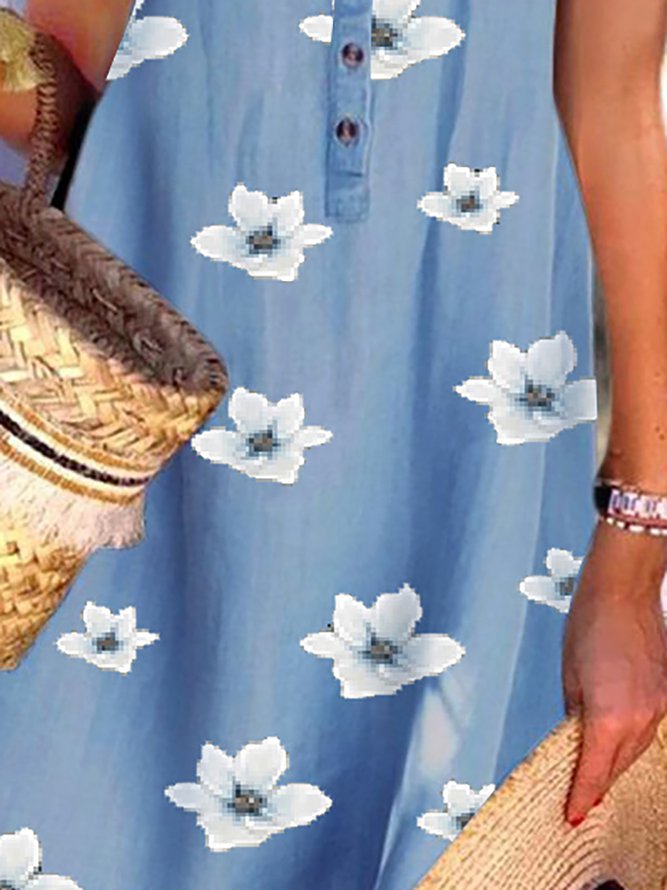 Faux Denim Floral Design Casual Sleeveless Dress