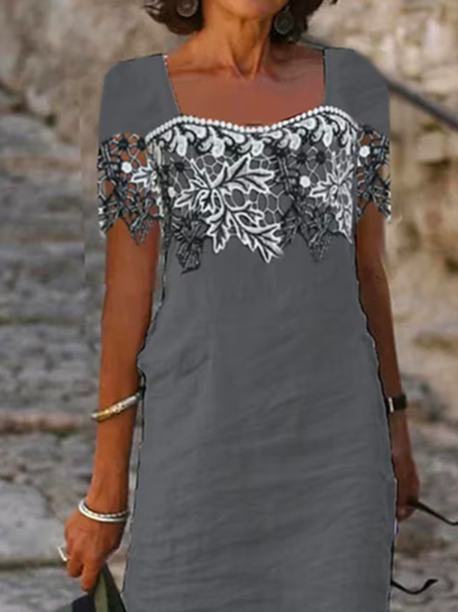 Color Block Vacation Square Neck Lace Dress