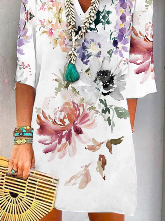 V Neck Floral Vacation Casual Mini Dress