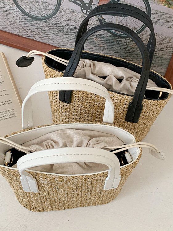 Casual Straw Drawstring Handbag Messenger Bag Vacation Beach Women