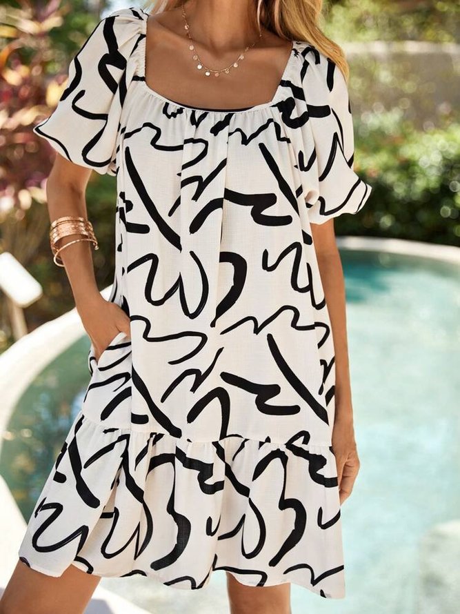 Geometric Loose Square Neck Casual Dress