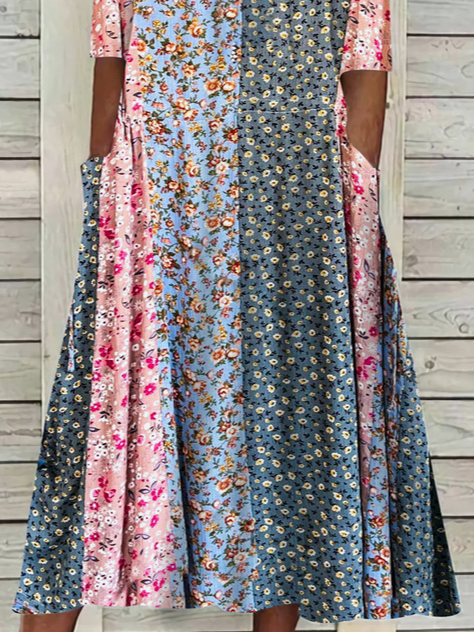 Ditsy Floral V Neck Color Block Boho Vacation Dress