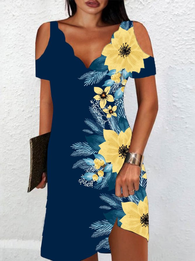 Elegant Floral V Neck Regular Fit Dress