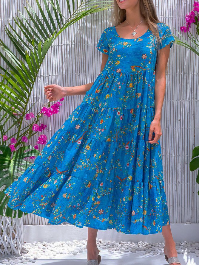 Blue Cotton-Blend Sleeveless Casual Weaving Dress