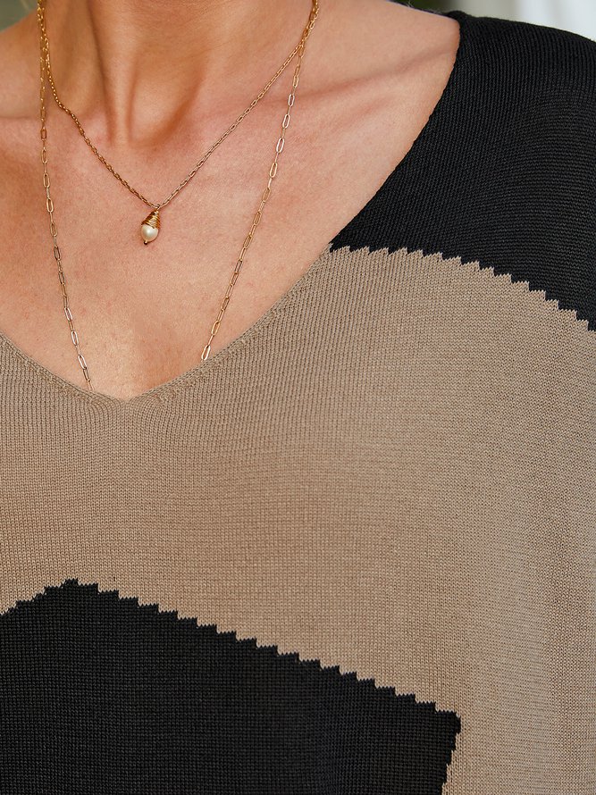 V Neck Geometric Casual Cotton Blends Color Block Knitting Dress