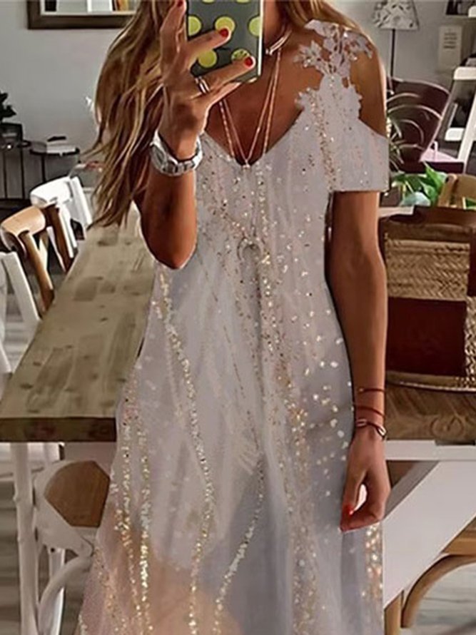 Abstract Casual Lace V Neck Maxi Dress
