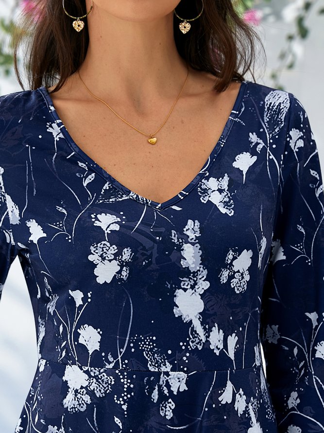 Elegant V Neck Floral Swing Dress