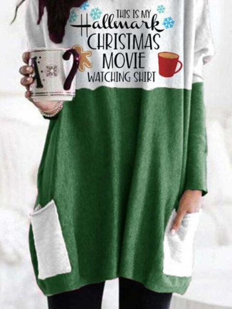 Women's Green Long Sleeve Dress Christmas Print With Pocket