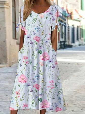 Round Neck Floral Casual Midi Dresses
