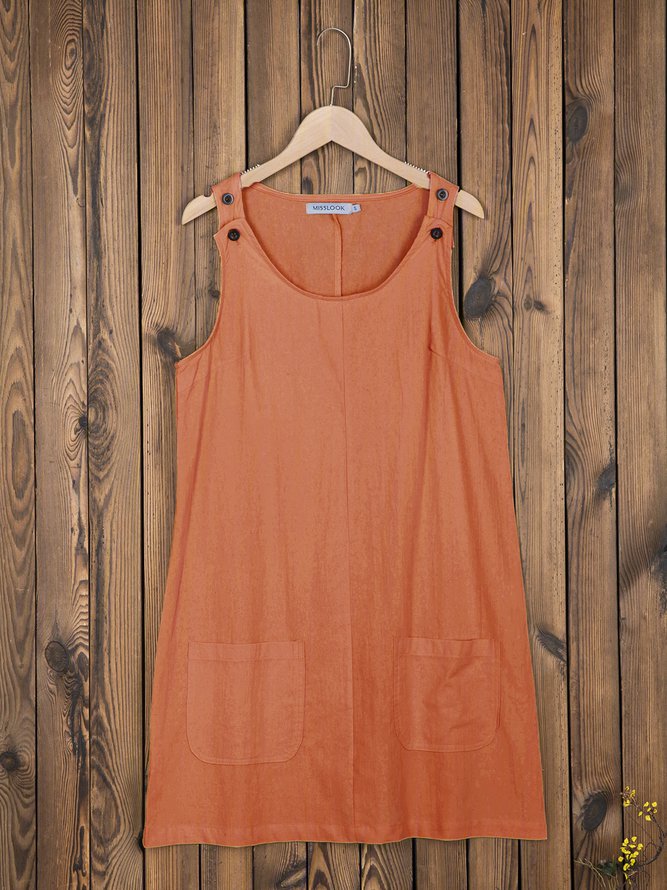 Round Neck Sleeveless Buttoned Plain Causal Mini Dresses
