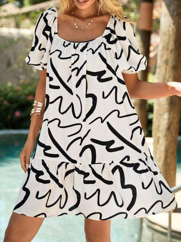 Geometric Loose Square Neck Casual Dress