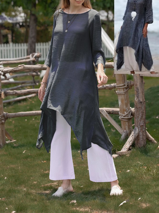 Women Summer Linen 3/4 Sleeve Daytime Crew Neck Asymmetric Dress