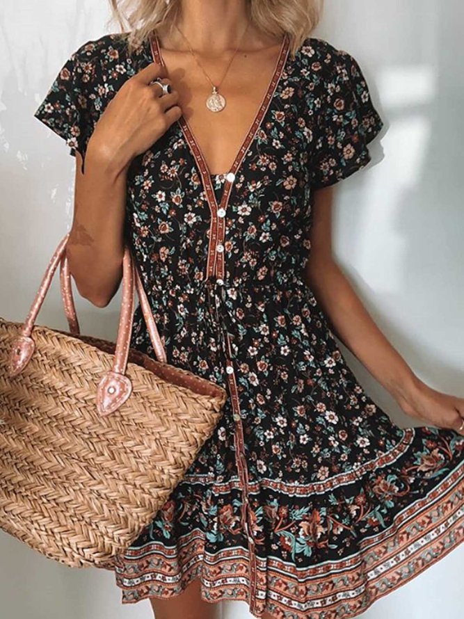 V Neck Casual Floral Weaving Dress