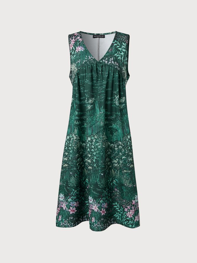 V Neck Floral Sleeveless Beach Casual Midi Dress