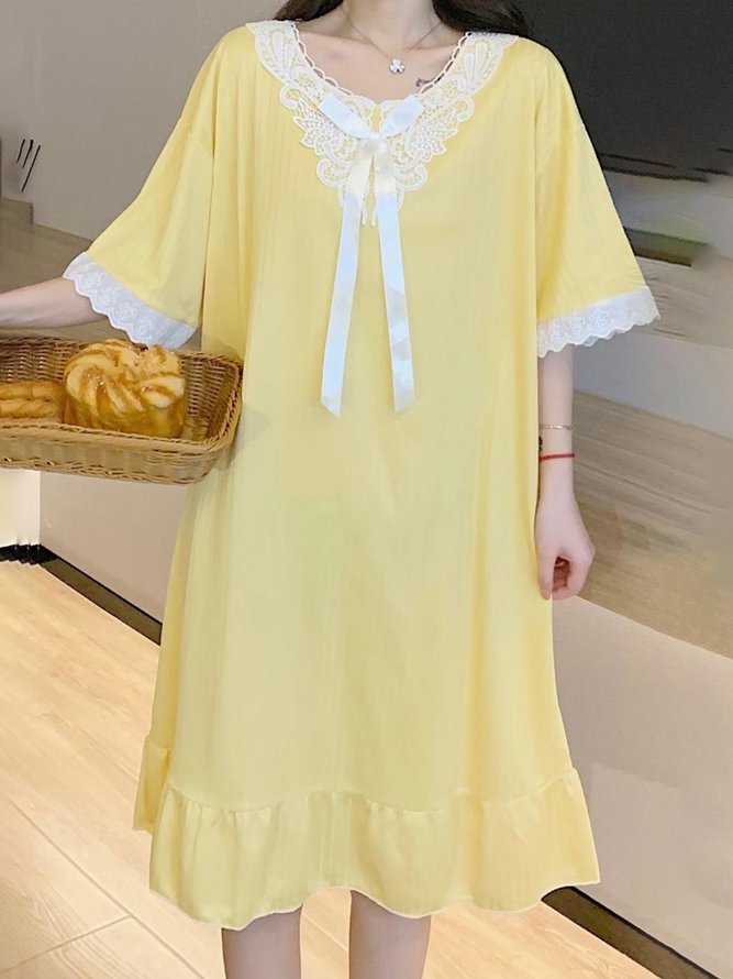 Regular Sleeve Casual Lace V Neck Loose Lounge Dress