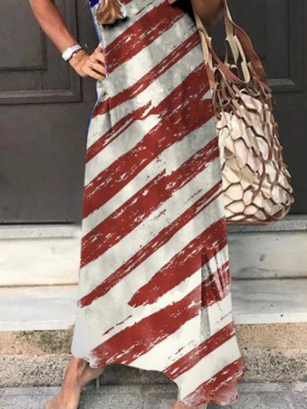 Short Sleeve Casual Holiday V Neck Flag Printed Knitting Dress