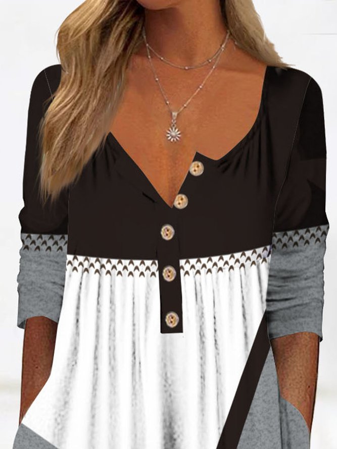 Half open button color block splicing loose midi Dress