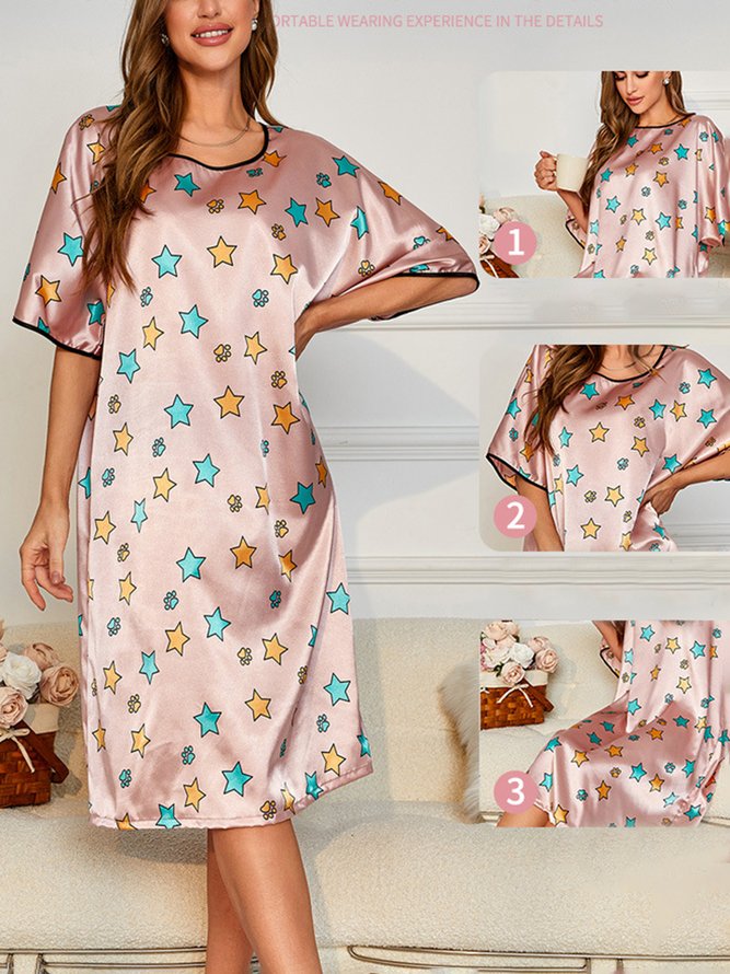 Simple Loose Silk Star Print Nightdress